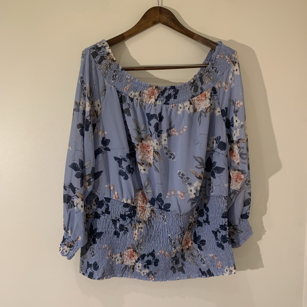 City Chic Womens Elodie Top 22‎ Blue Floral Off Shoulder Smocked Boho Fairy